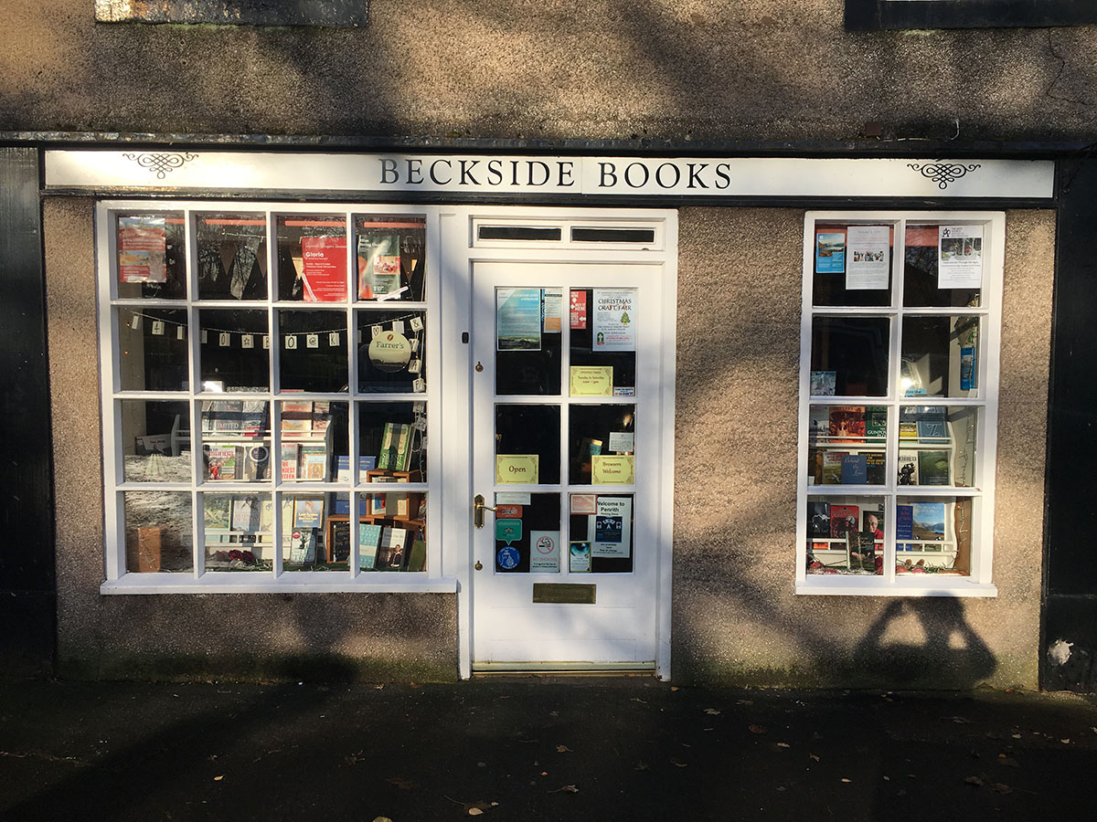 The Beckside Books front door at 31 St Andrew's View, Penrith, looking onto the gardens of St Andrew's Churchyard